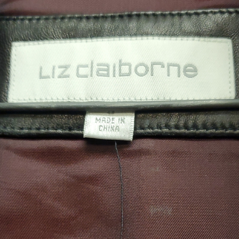 Liz Claiborne Small Black Leather Jacket with Burgundy Accents - Picture 2 of 5